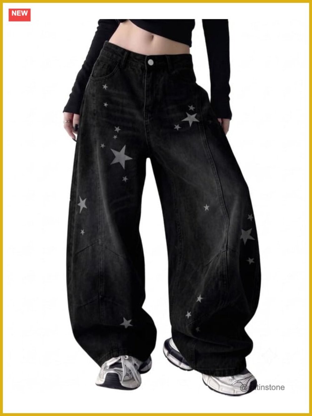 Barrel Leg Low Rise Baggy Jeans Cotton Blend Star Print Wide Leg Denim Pants
